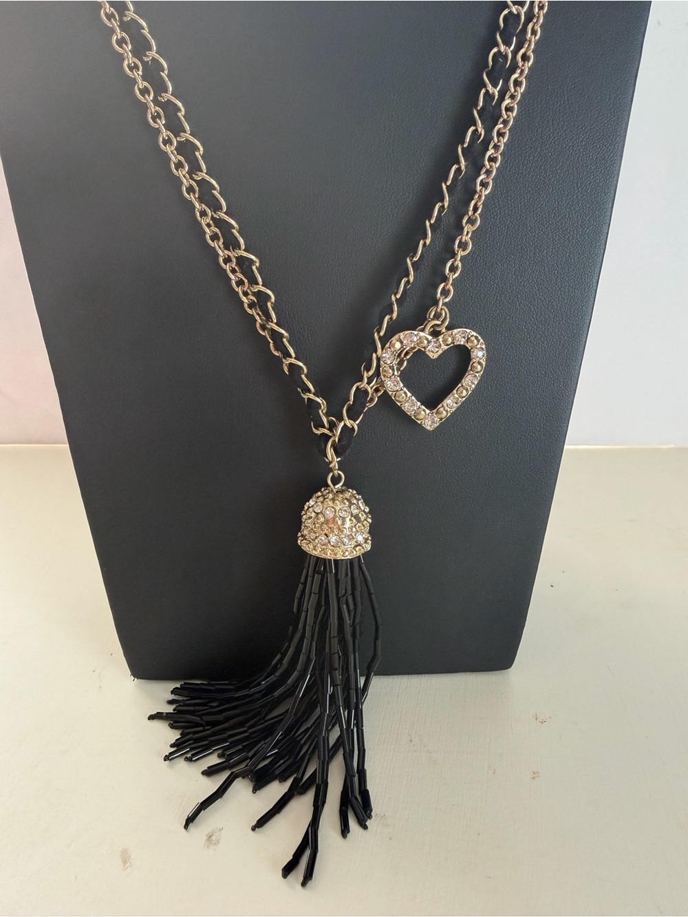 Gwen by Gwen Stefani Gold-Tone Heart Black Glass Beaded Tassel Pendant Necklace